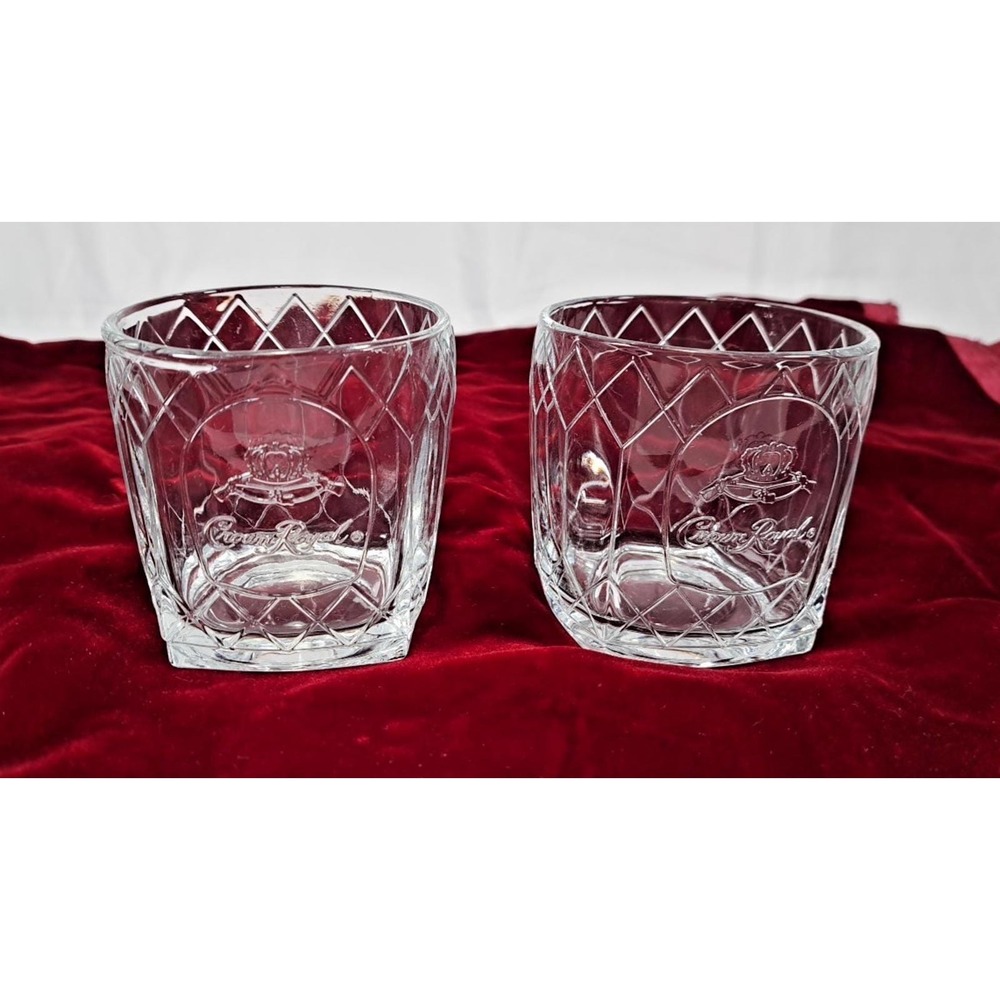Set 2 Crown Royal Whiskey Lowball Glass Diamond Patern Embossed Logo 3-1/4" Tall